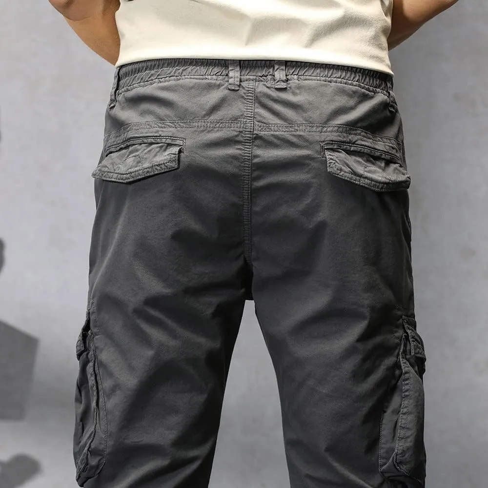 Men's Regular Fit Military Cargo Pants Drawstring Cotton Multi Pockets Work Trousers