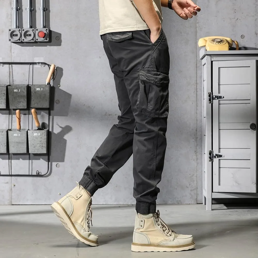 Men's Regular Fit Military Cargo Pants Drawstring Cotton Multi Pockets Work Trousers