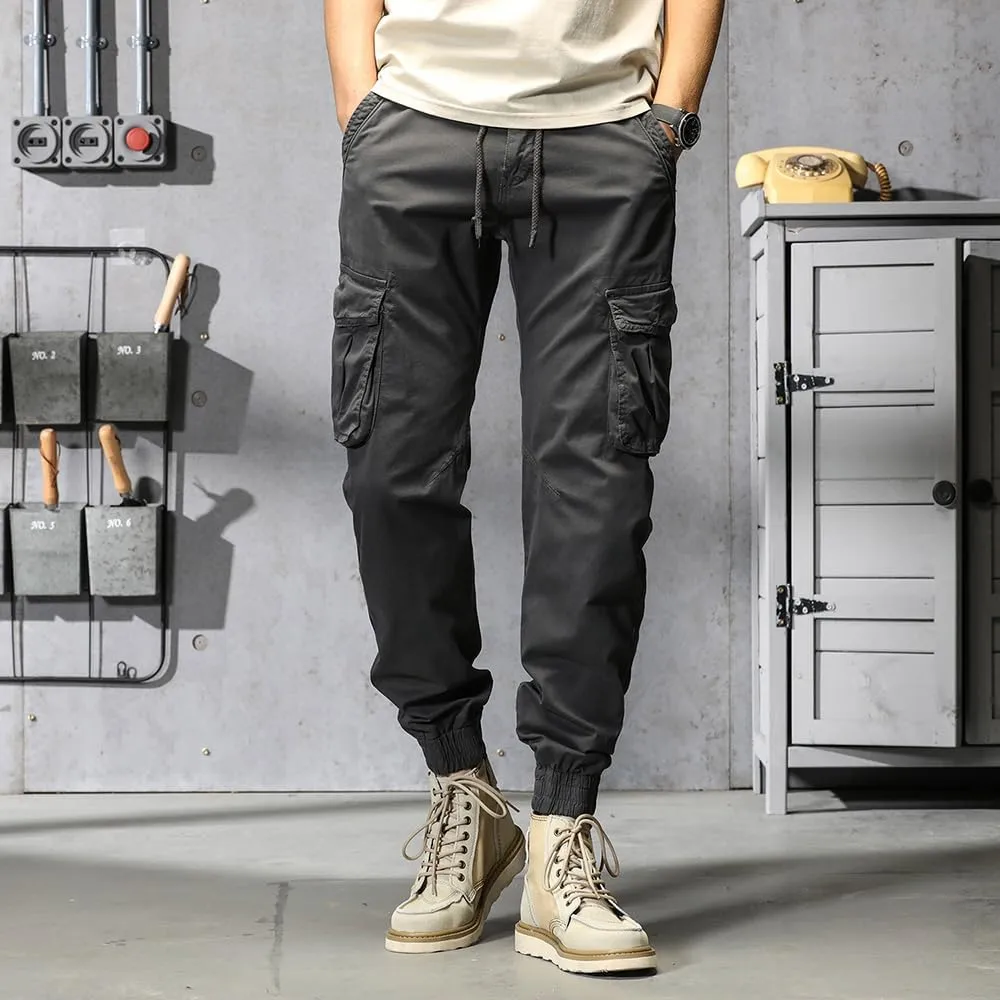 Men's Regular Fit Military Cargo Pants Drawstring Cotton Multi Pockets Work Trousers