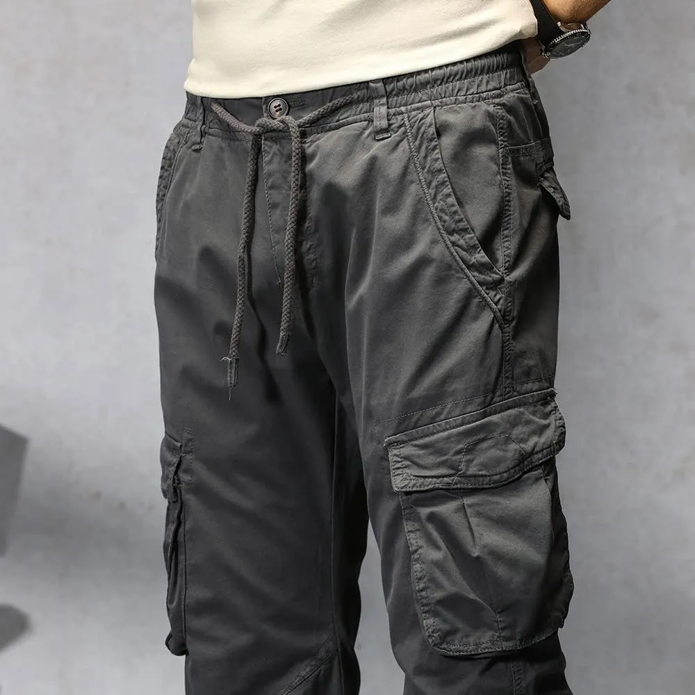 Men's Regular Fit Military Cargo Pants Drawstring Cotton Multi Pockets Work Trousers