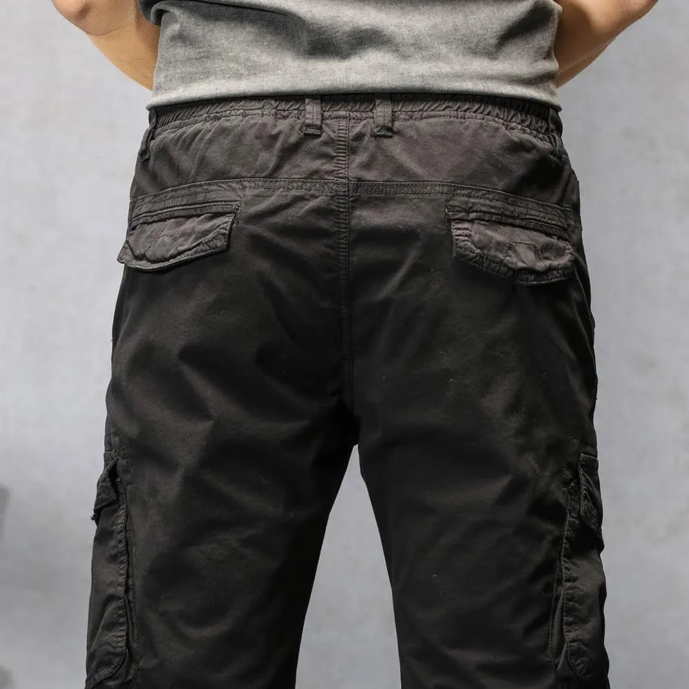 Men's Regular Fit Military Cargo Pants Drawstring Cotton Multi Pockets Work Trousers