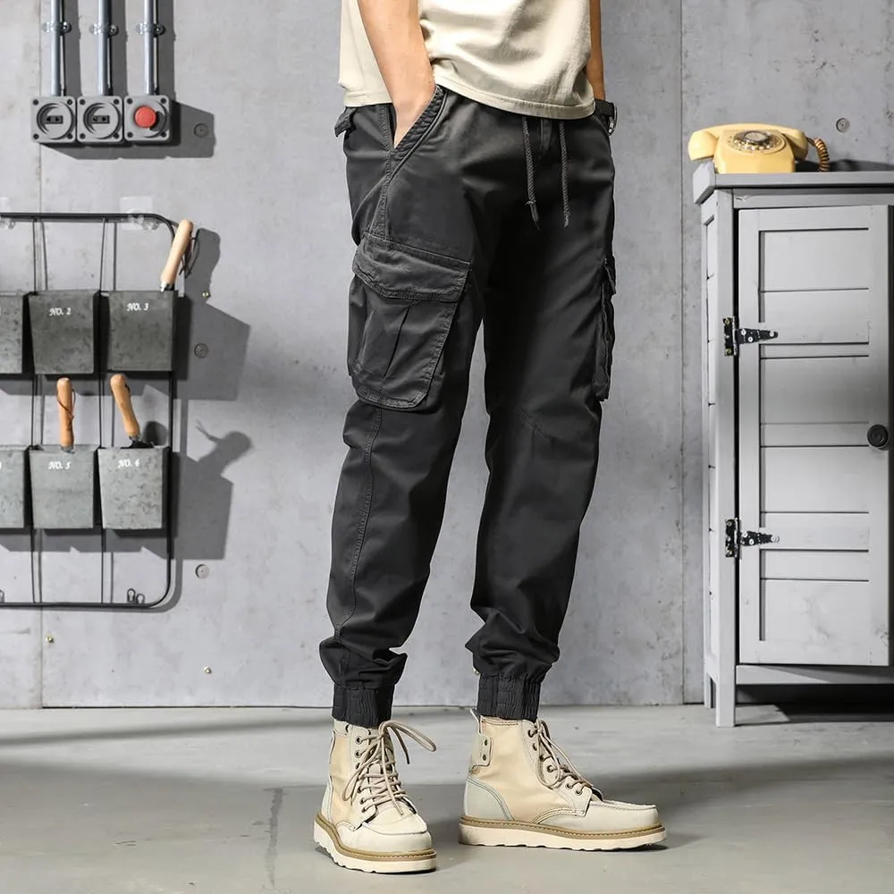 Men's Regular Fit Military Cargo Pants Drawstring Cotton Multi Pockets Work Trousers