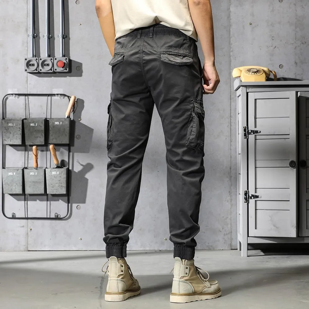 Men's Regular Fit Military Cargo Pants Drawstring Cotton Multi Pockets Work Trousers