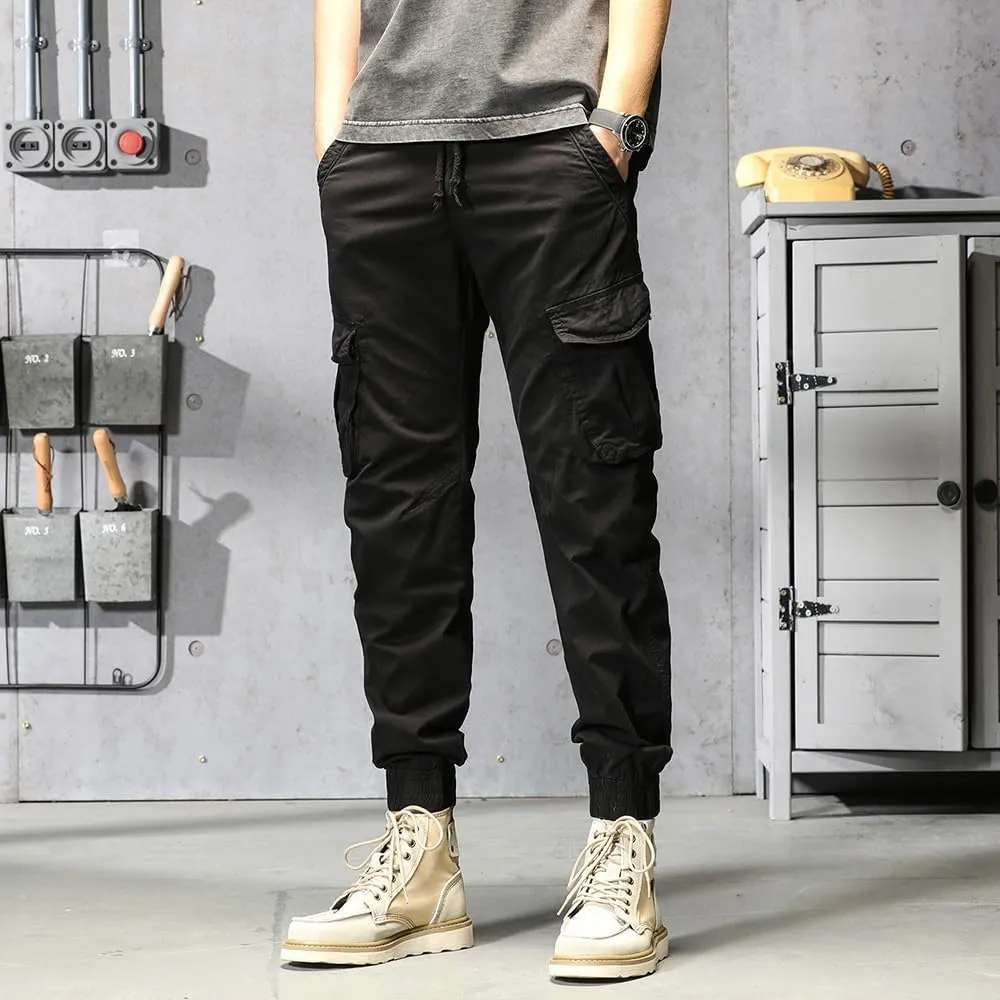Men's Regular Fit Military Cargo Pants Drawstring Cotton Multi Pockets Work Trousers