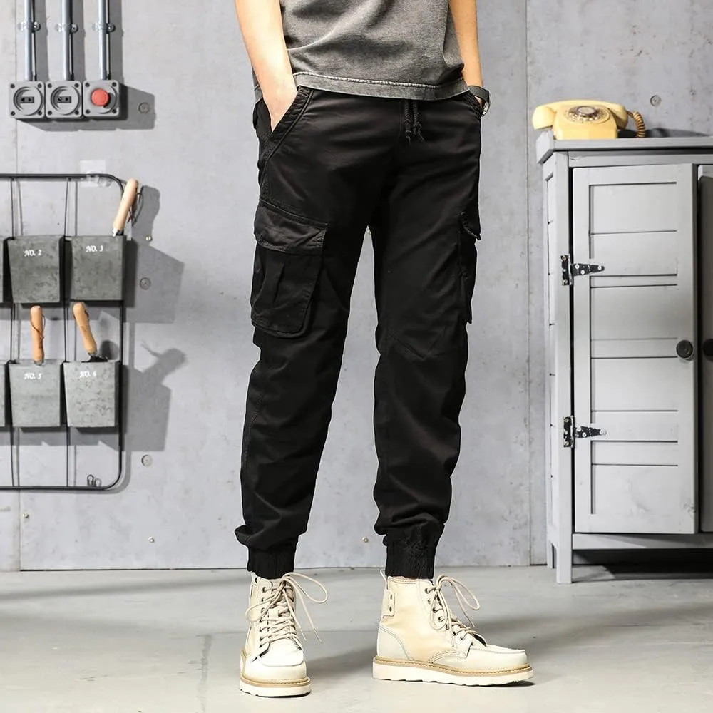 Men's Regular Fit Military Cargo Pants Drawstring Cotton Multi Pockets Work Trousers