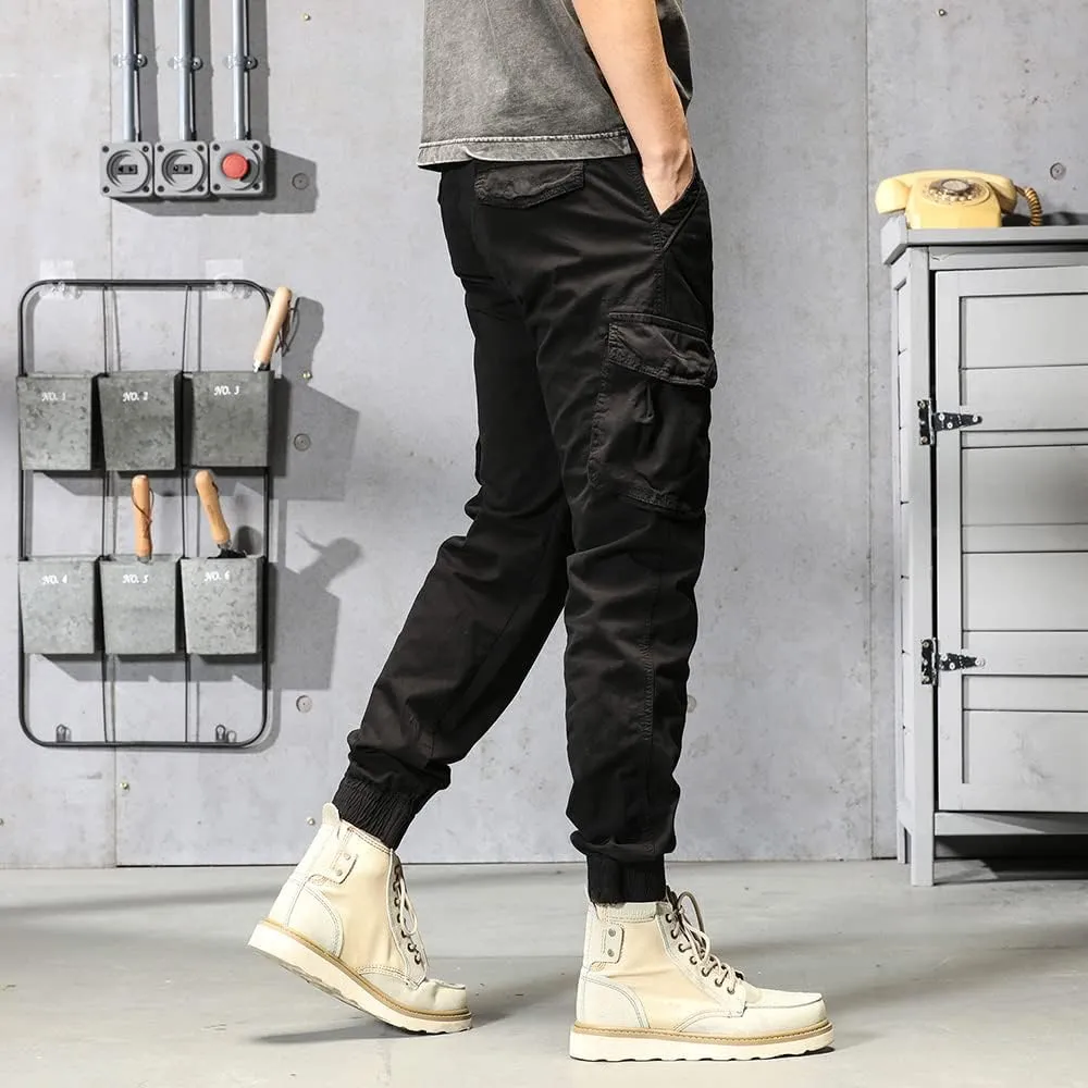 Men's Regular Fit Military Cargo Pants Drawstring Cotton Multi Pockets Work Trousers