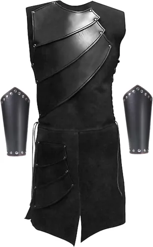 Men's Side laces up Knight Viking Pirate Armor Long Waistcoats Vests Long Bracer Costume Set