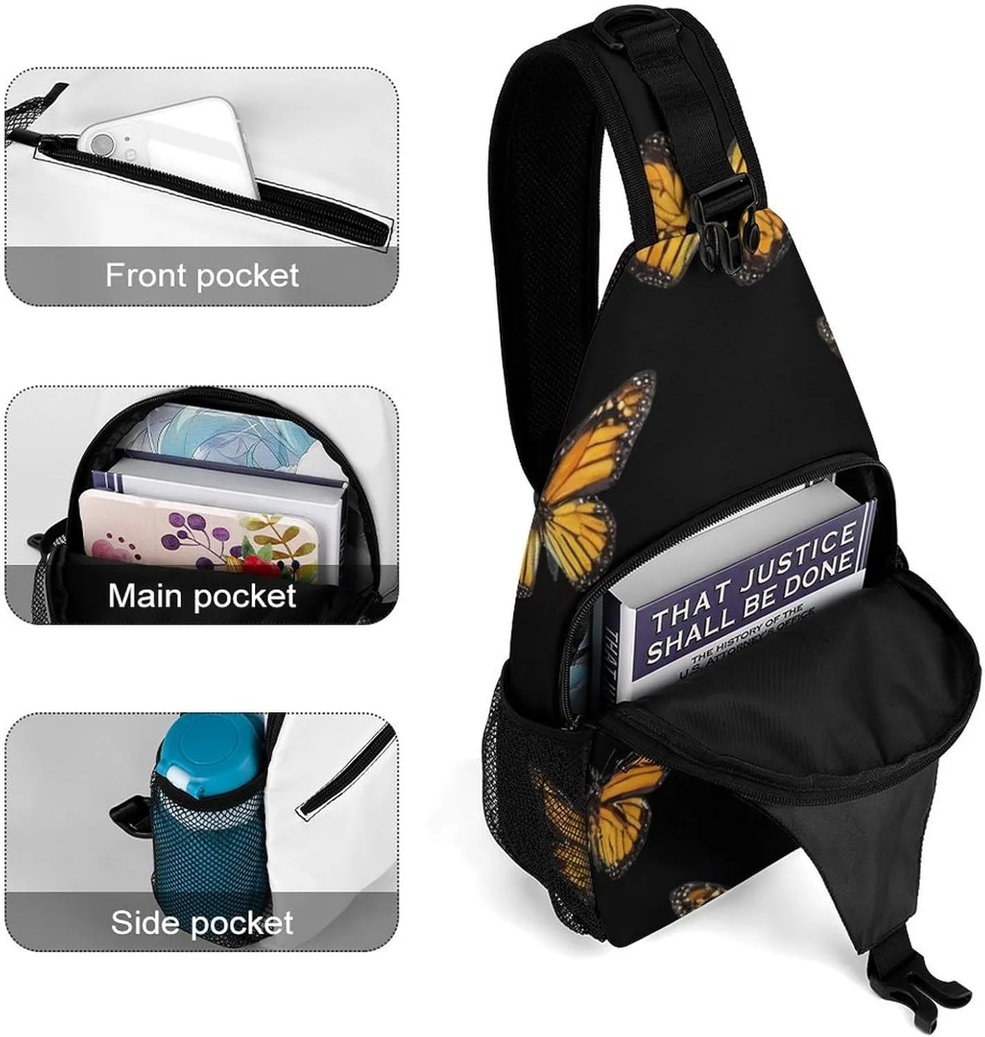 Men's Sling Backpack Packable Unbalance Shoulder Crossbody Bag Chest Pack - Butterfly Flying Art Multipurpose Anti-Theft Backpacking Bag With Adjustable Shoulder Strap