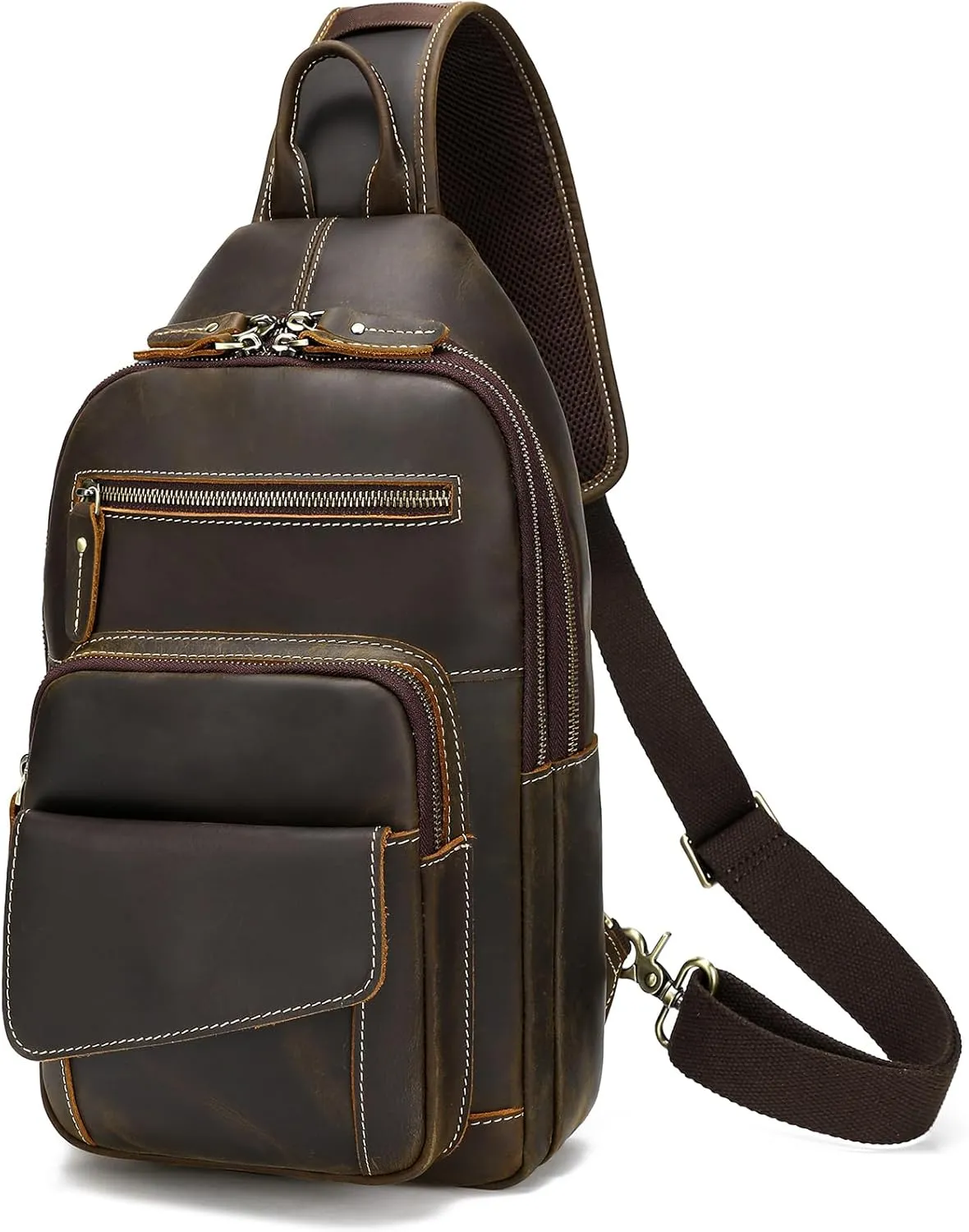 Mens Vintage Full Grain Leather Crossbody Shoulder Sling Bag, Multi-pocket Chest Bag Hiking Travel Daypack fits 12.9" iPad-Brown
