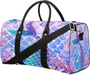 Mermaid Scale Duffel Bag Sport Gym Duffle Bag Purple Mermaid Travel Bag Waterproof Weekender Overnight Tote Bag Foldable Carry on Bag Training Shoulder Bag for Women Men