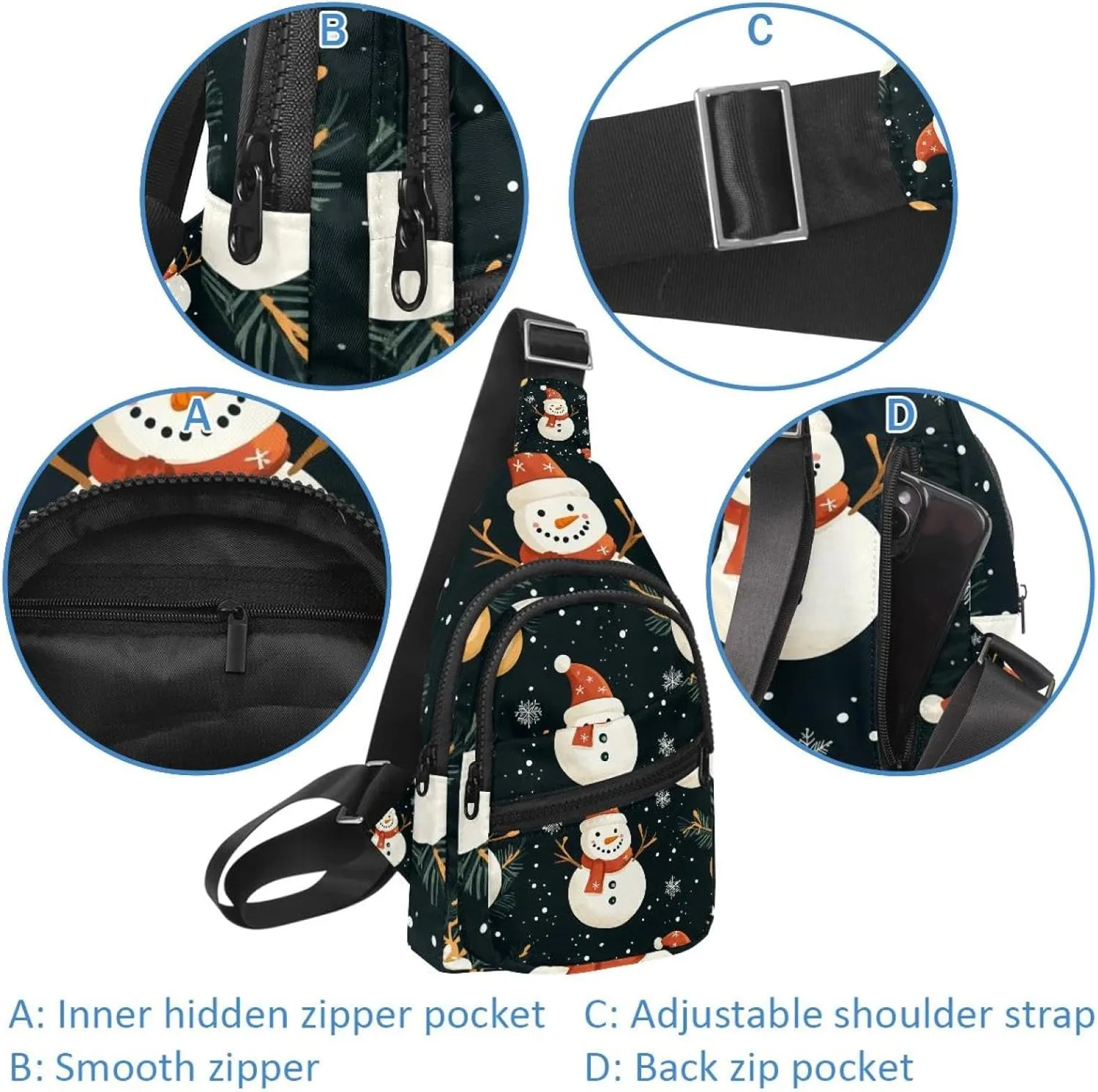 Merry Christmas Snowman Crossbody Bag with Adjustable Shoulder Strap, Shoulder Bag for Men and Women Sling Backpack for Travel, Cycling, Work, Sport