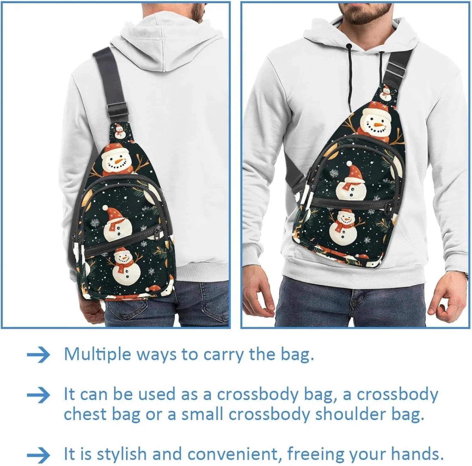 Merry Christmas Snowman Crossbody Bag with Adjustable Shoulder Strap, Shoulder Bag for Men and Women Sling Backpack for Travel, Cycling, Work, Sport