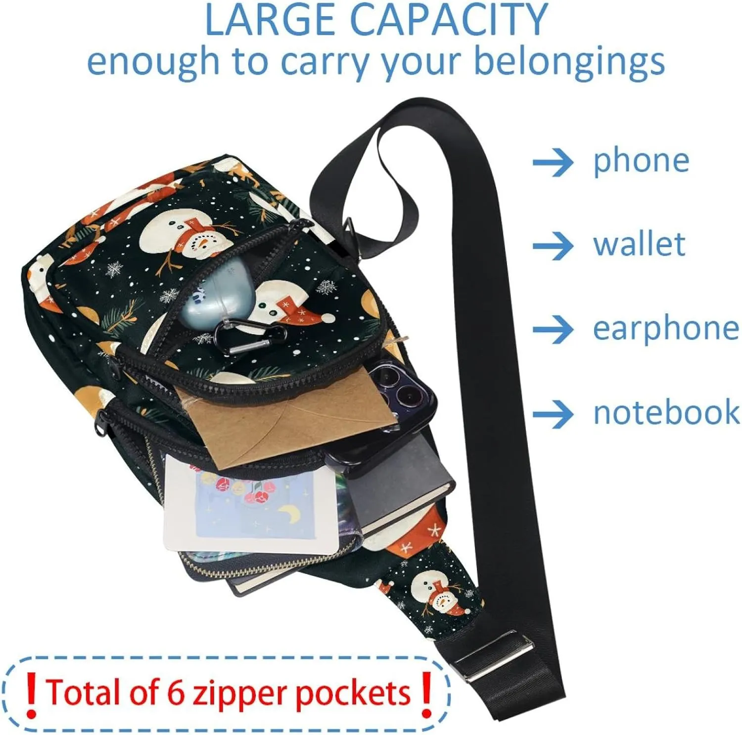 Merry Christmas Snowman Crossbody Bag with Adjustable Shoulder Strap, Shoulder Bag for Men and Women Sling Backpack for Travel, Cycling, Work, Sport