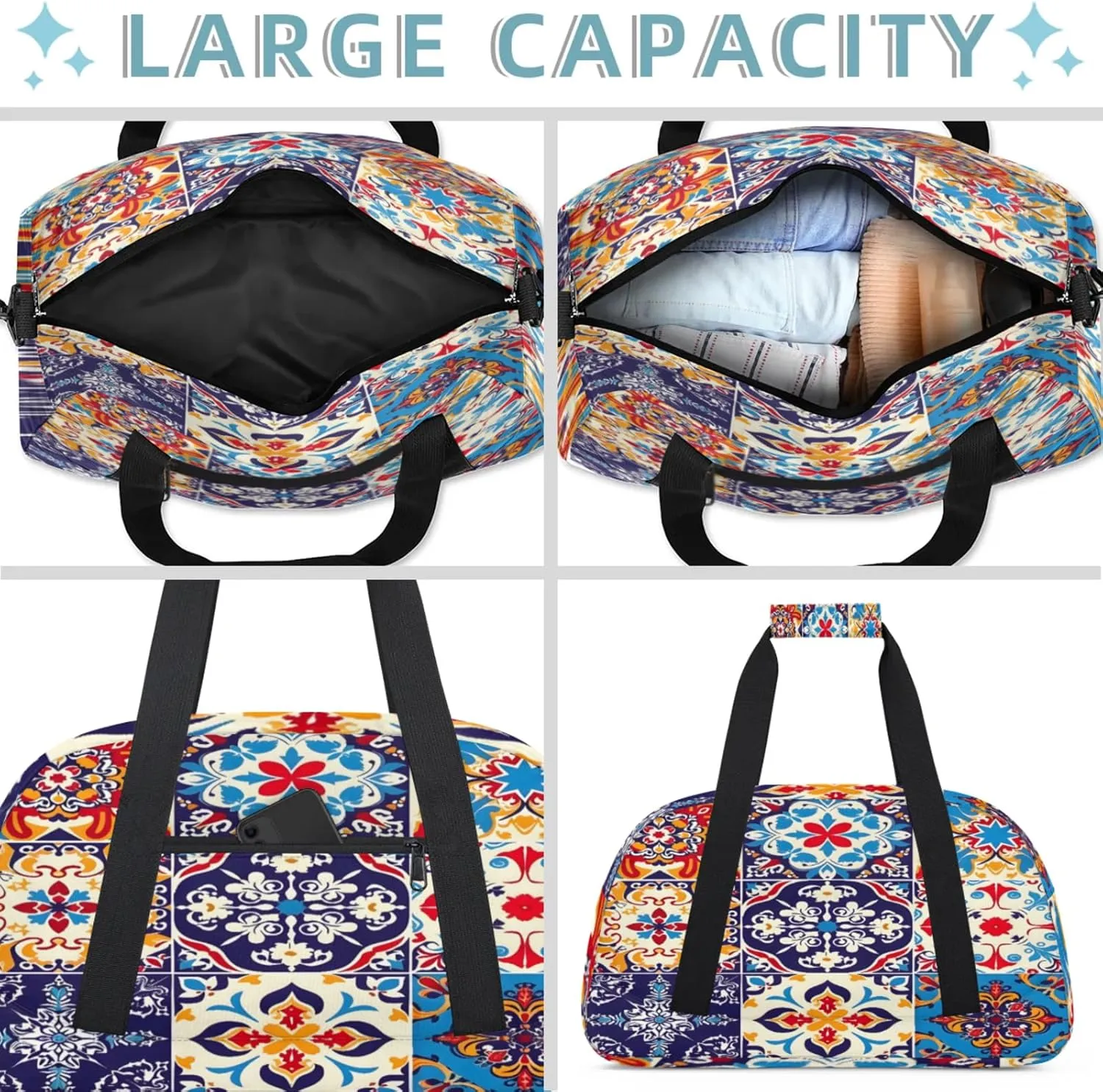 Mexican Talavera Tile Small Gym Bag 18 inch Carry On Duffel Bag for Weekender Travel Sports Workout Yoga Gymnastics Dance Ballet