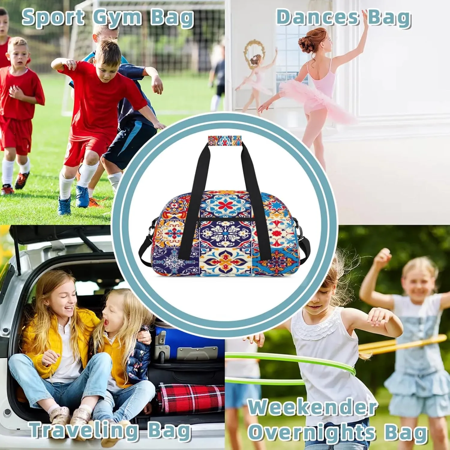 Mexican Talavera Tile Small Gym Bag 18 inch Carry On Duffel Bag for Weekender Travel Sports Workout Yoga Gymnastics Dance Ballet
