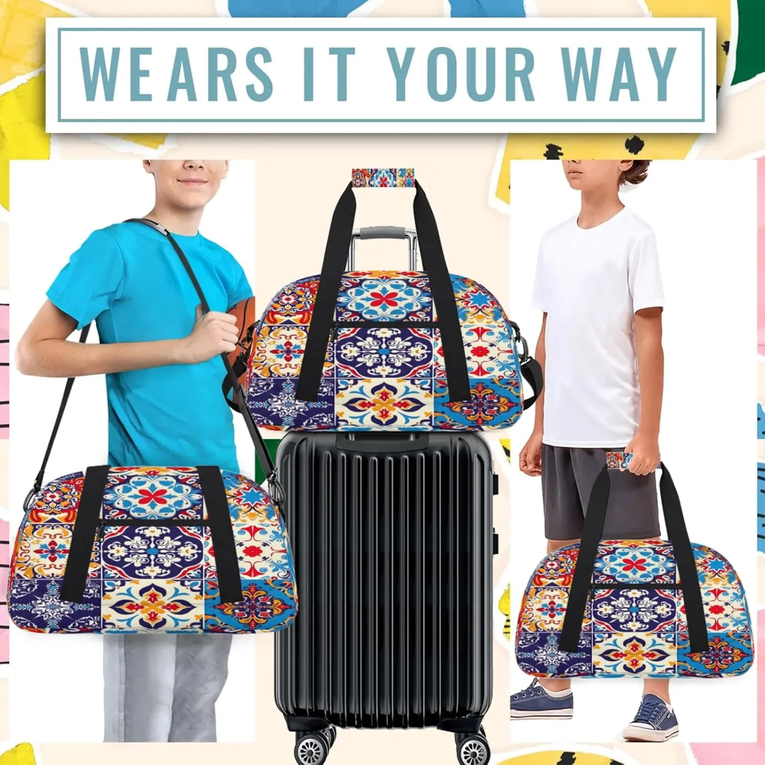 Mexican Talavera Tile Small Gym Bag 18 inch Carry On Duffel Bag for Weekender Travel Sports Workout Yoga Gymnastics Dance Ballet