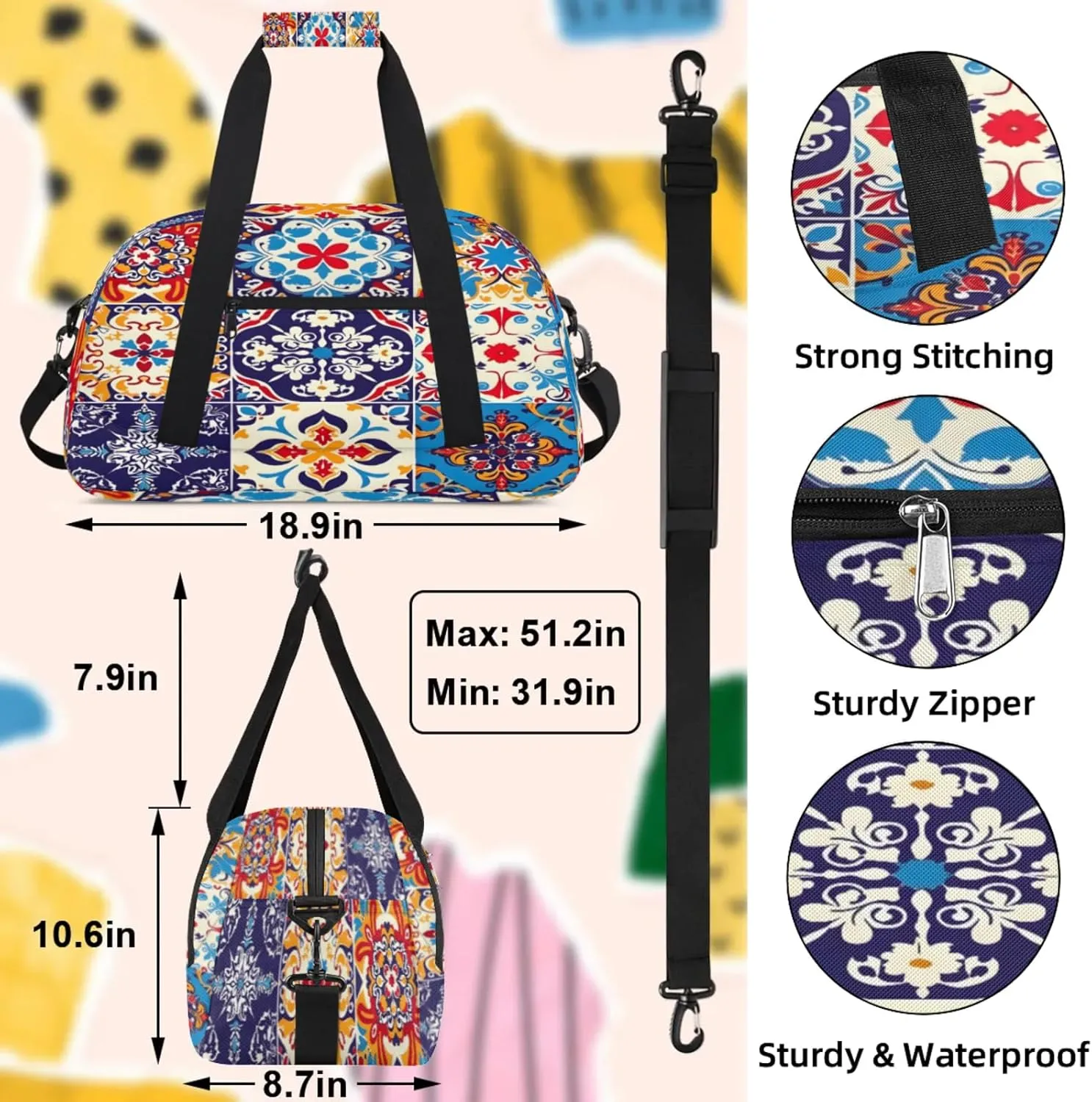 Mexican Talavera Tile Small Gym Bag 18 inch Carry On Duffel Bag for Weekender Travel Sports Workout Yoga Gymnastics Dance Ballet
