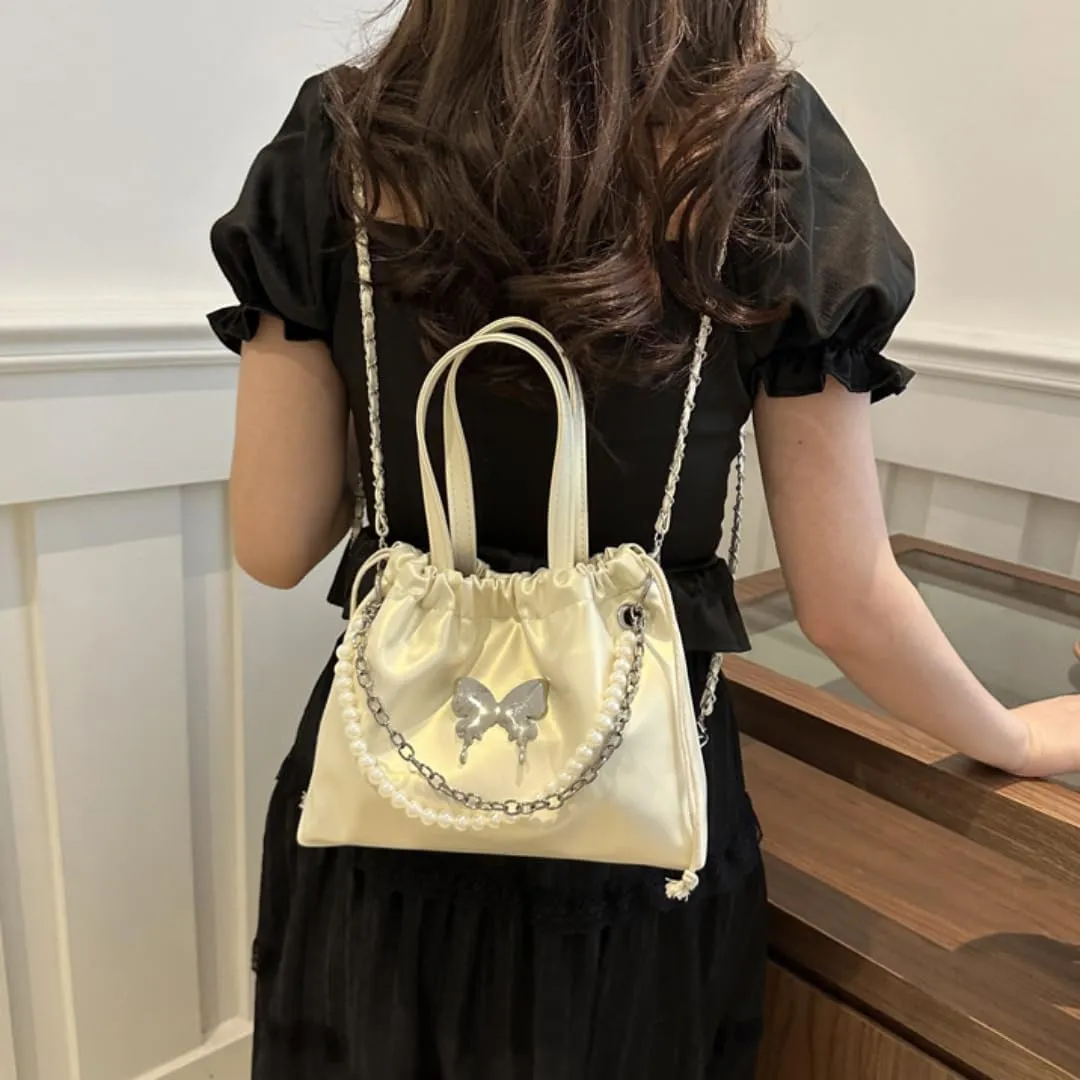Mini Bucket Bag Y2k Butterfly Satin Shoulder Bag for Women Drawstring Handbag with Pearl Chain Small Crossbody Bag