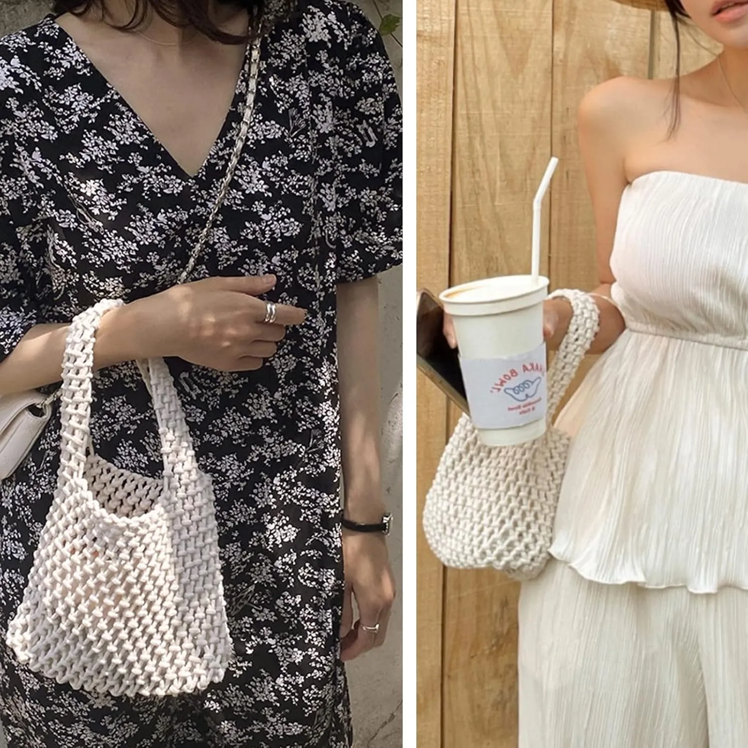 Mini Clutch Handbag Fishing Net Bucket Bag Cotton Rope Crochet Drawstring Woven Beach Bag Small Tote for Women Girls