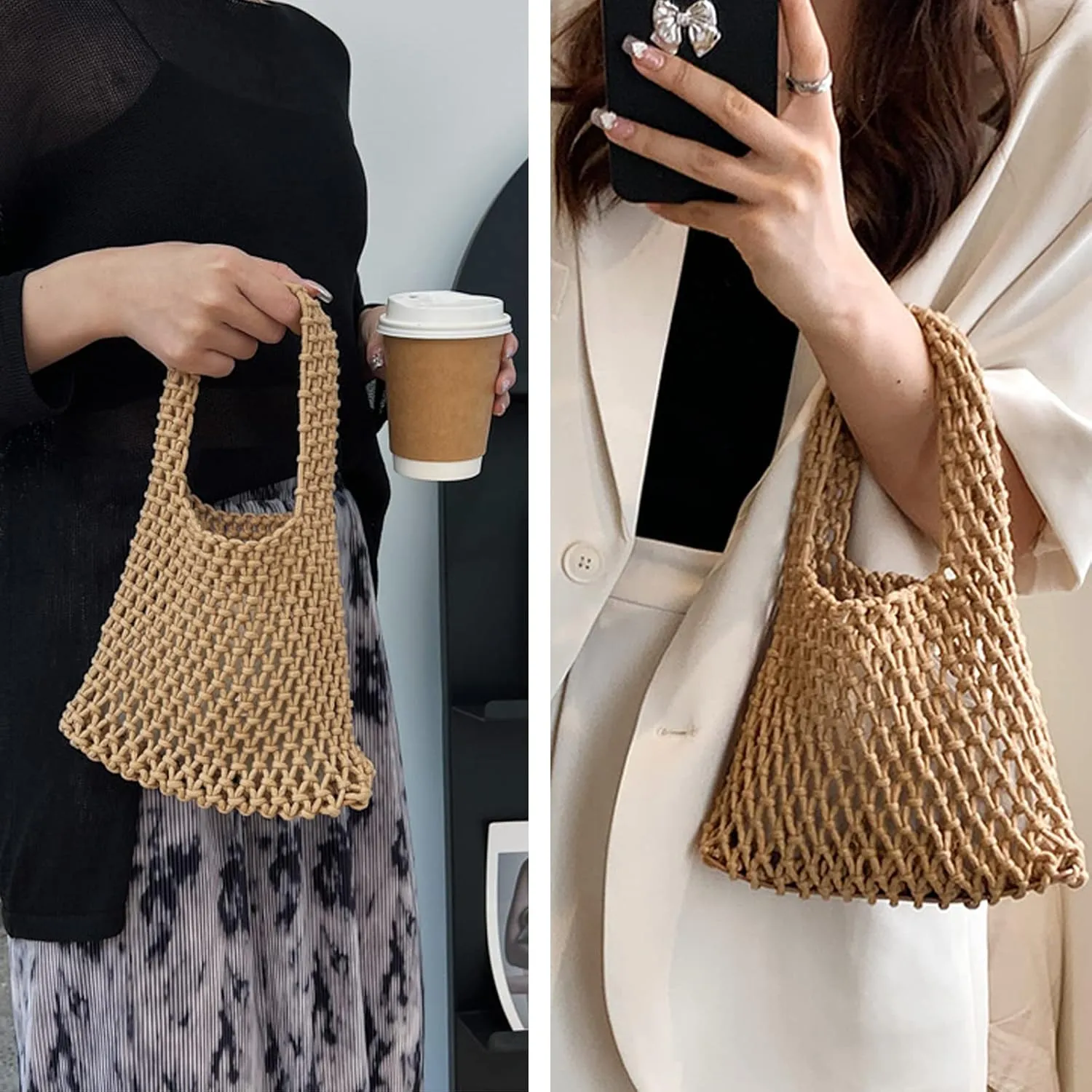 Mini Clutch Handbag Fishing Net Bucket Bag Cotton Rope Crochet Drawstring Woven Beach Bag Small Tote for Women Girls
