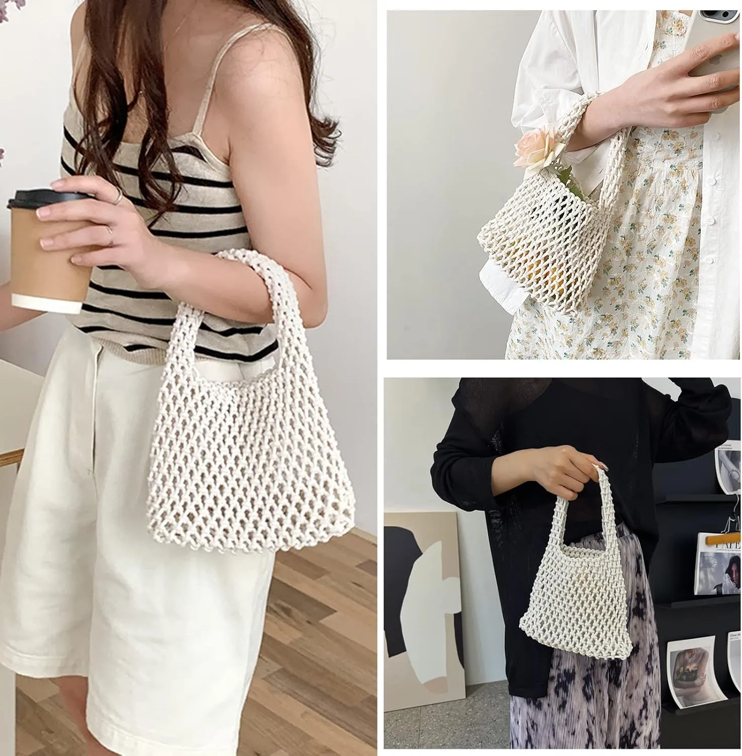Mini Clutch Handbag Fishing Net Bucket Bag Cotton Rope Crochet Drawstring Woven Beach Bag Small Tote for Women Girls