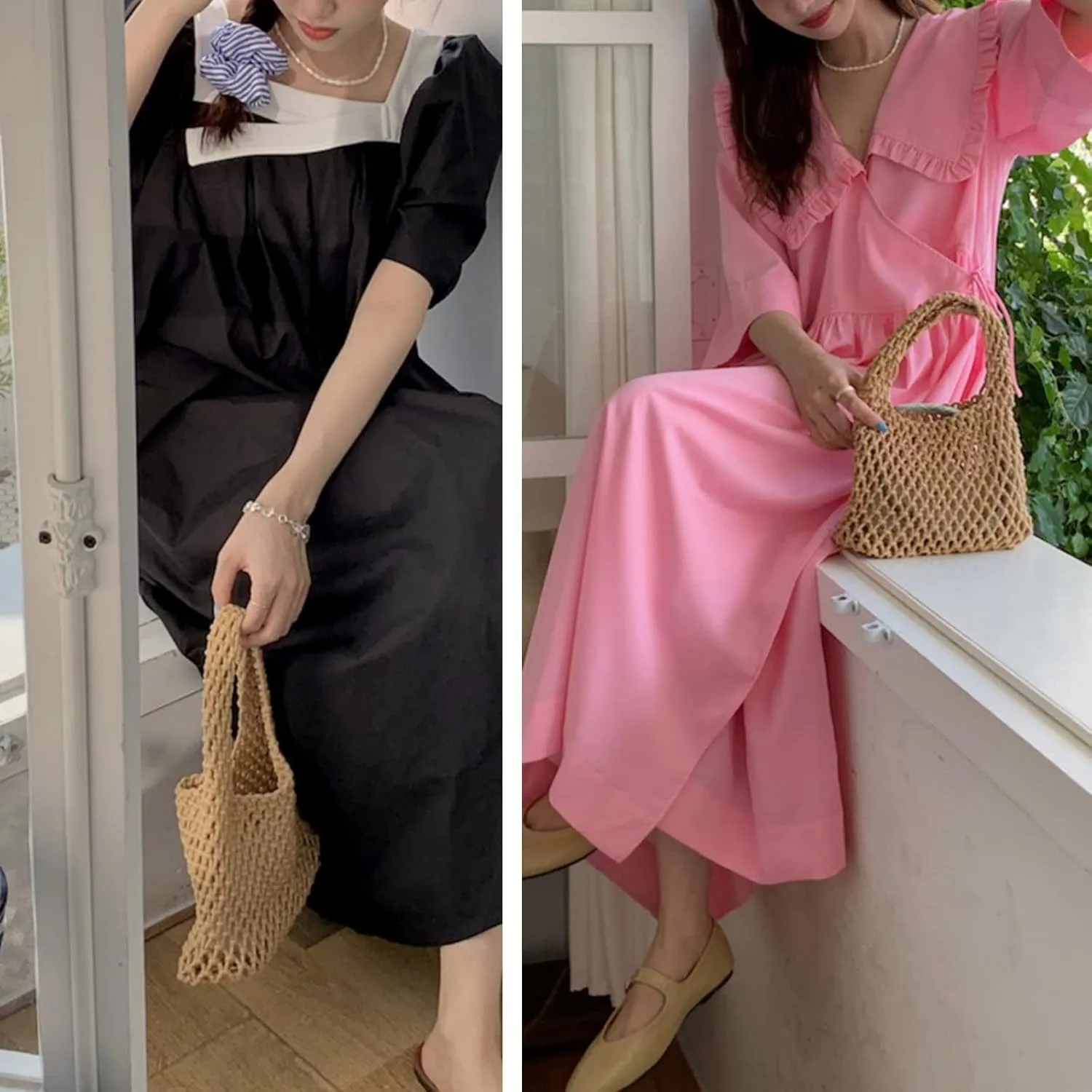 Mini Clutch Handbag Fishing Net Bucket Bag Cotton Rope Crochet Drawstring Woven Beach Bag Small Tote for Women Girls