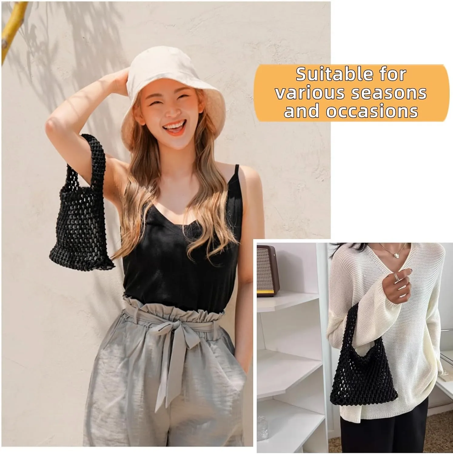 Mini Clutch Handbag Fishing Net Bucket Bag Cotton Rope Crochet Drawstring Woven Beach Bag Small Tote for Women Girls