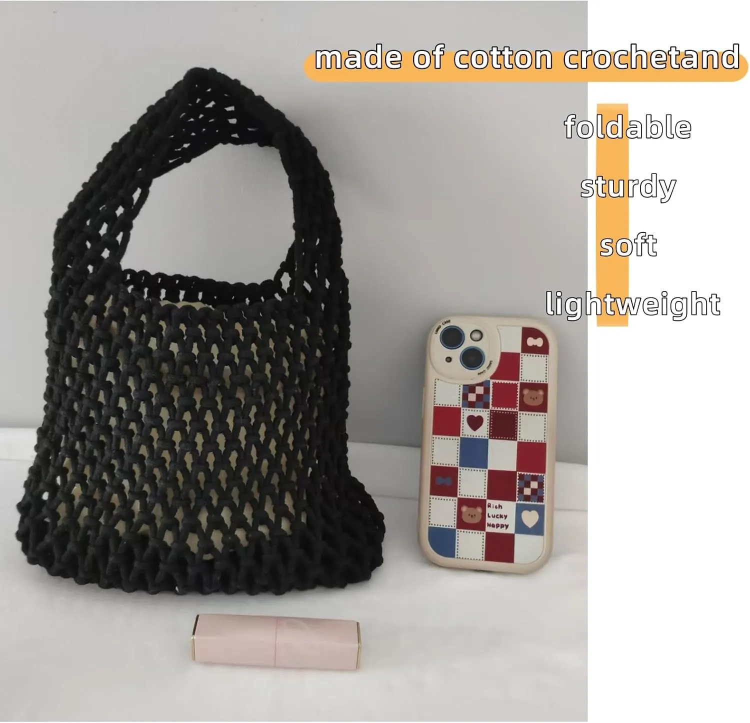 Mini Clutch Handbag Fishing Net Bucket Bag Cotton Rope Crochet Drawstring Woven Beach Bag Small Tote for Women Girls