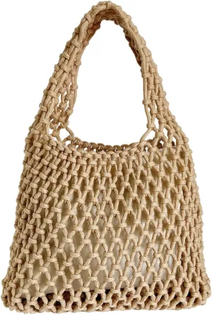Mini Clutch Handbag Fishing Net Bucket Bag Cotton Rope Crochet Drawstring Woven Beach Bag Small Tote for Women Girls