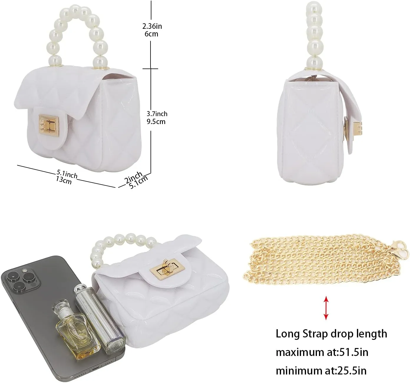 Mini Jelly Purse Flap Handbag with Pearls Top Handle Faux Quilted Crossbody Bag
