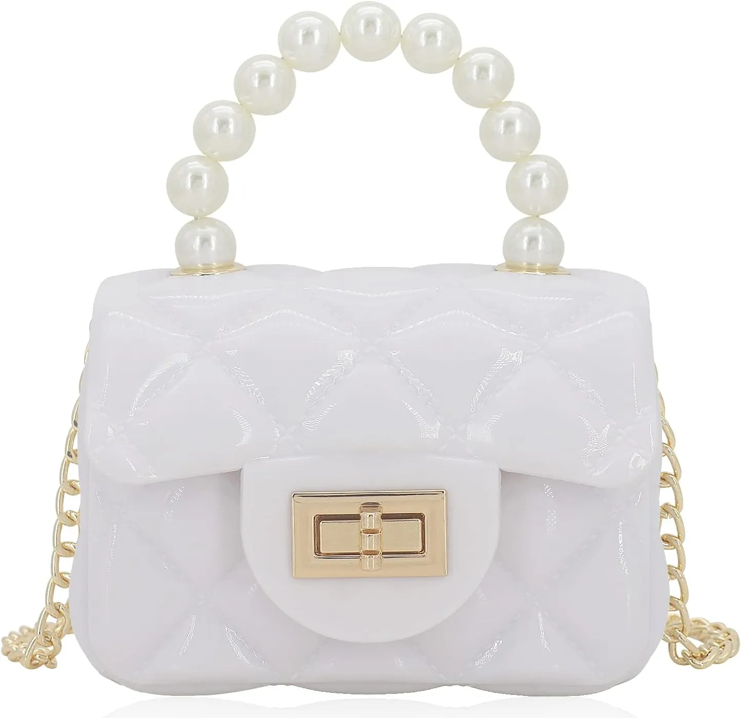 Mini Jelly Purse Flap Handbag with Pearls Top Handle Faux Quilted Crossbody Bag