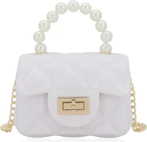 Mini Jelly Purse Flap Handbag with Pearls Top Handle Faux Quilted Crossbody Bag
