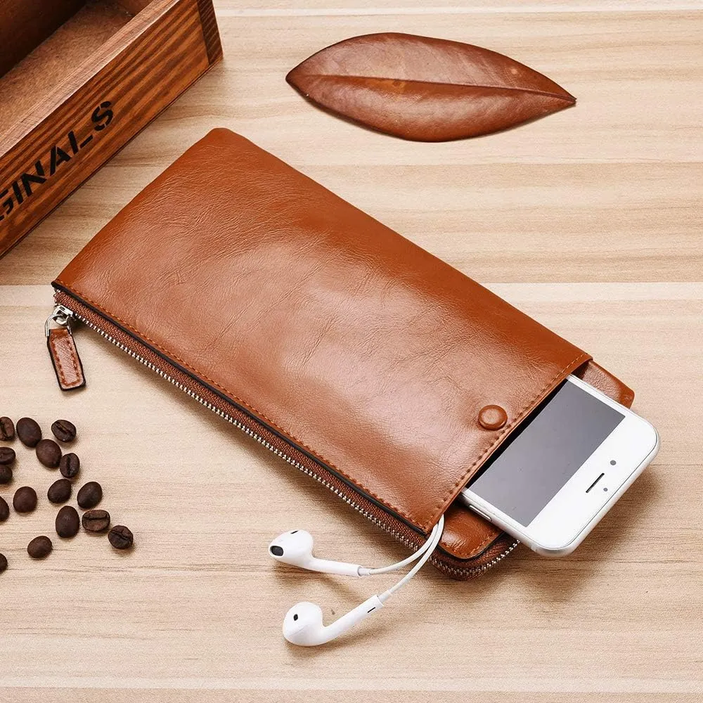 Minimalist Leather Wallets for Men Long Bifold Wallet Zip Around Clutch Travel Purse for Checkbook, Smartphone, Cash