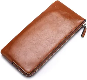 Minimalist Leather Wallets for Men Long Bifold Wallet Zip Around Clutch Travel Purse for Checkbook, Smartphone, Cash
