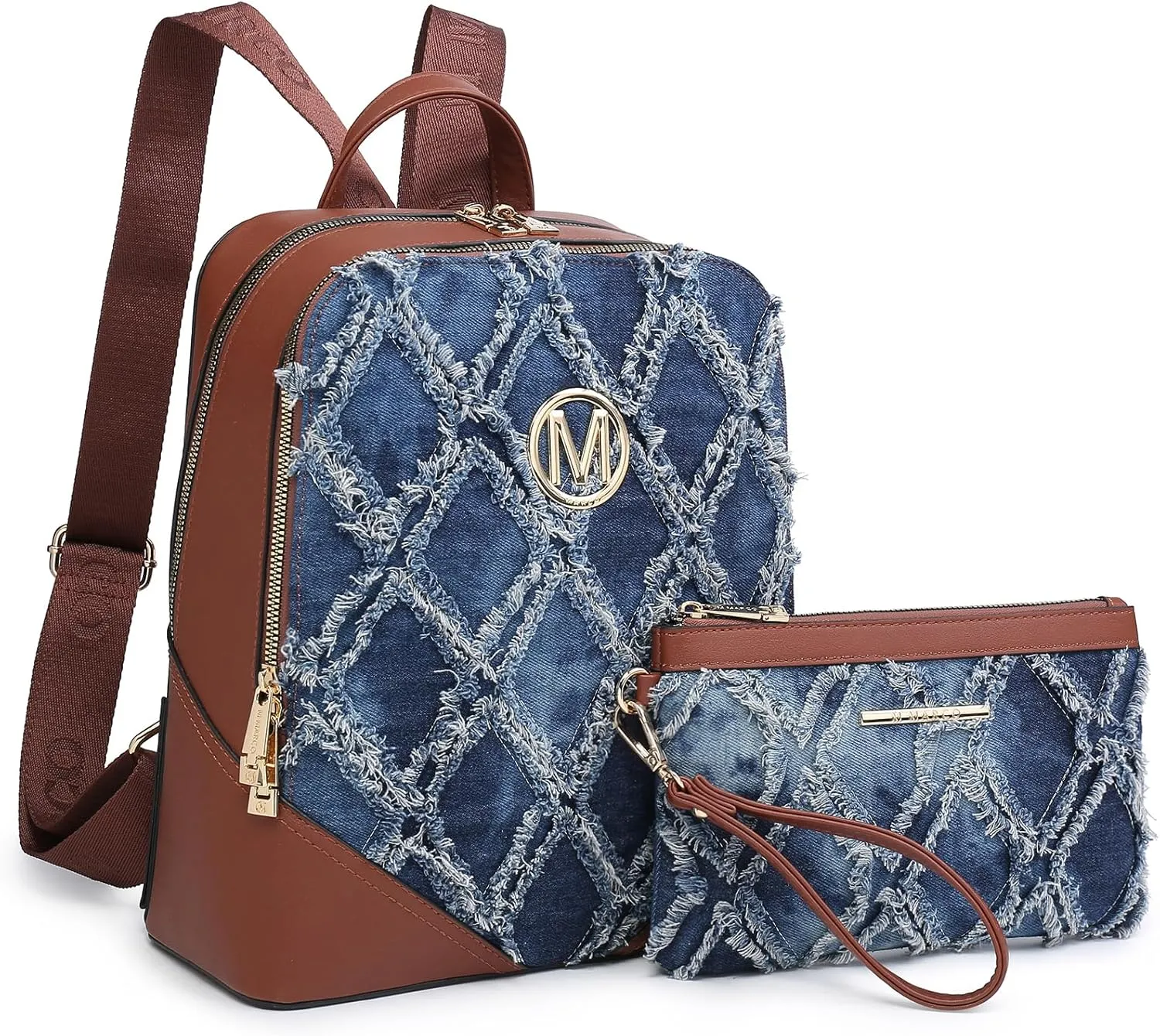 MKP Women Fashion Double Zipper Medium Backpack Purse PU Leather Ladies Travel Shoulder Bag Set 2Pcs