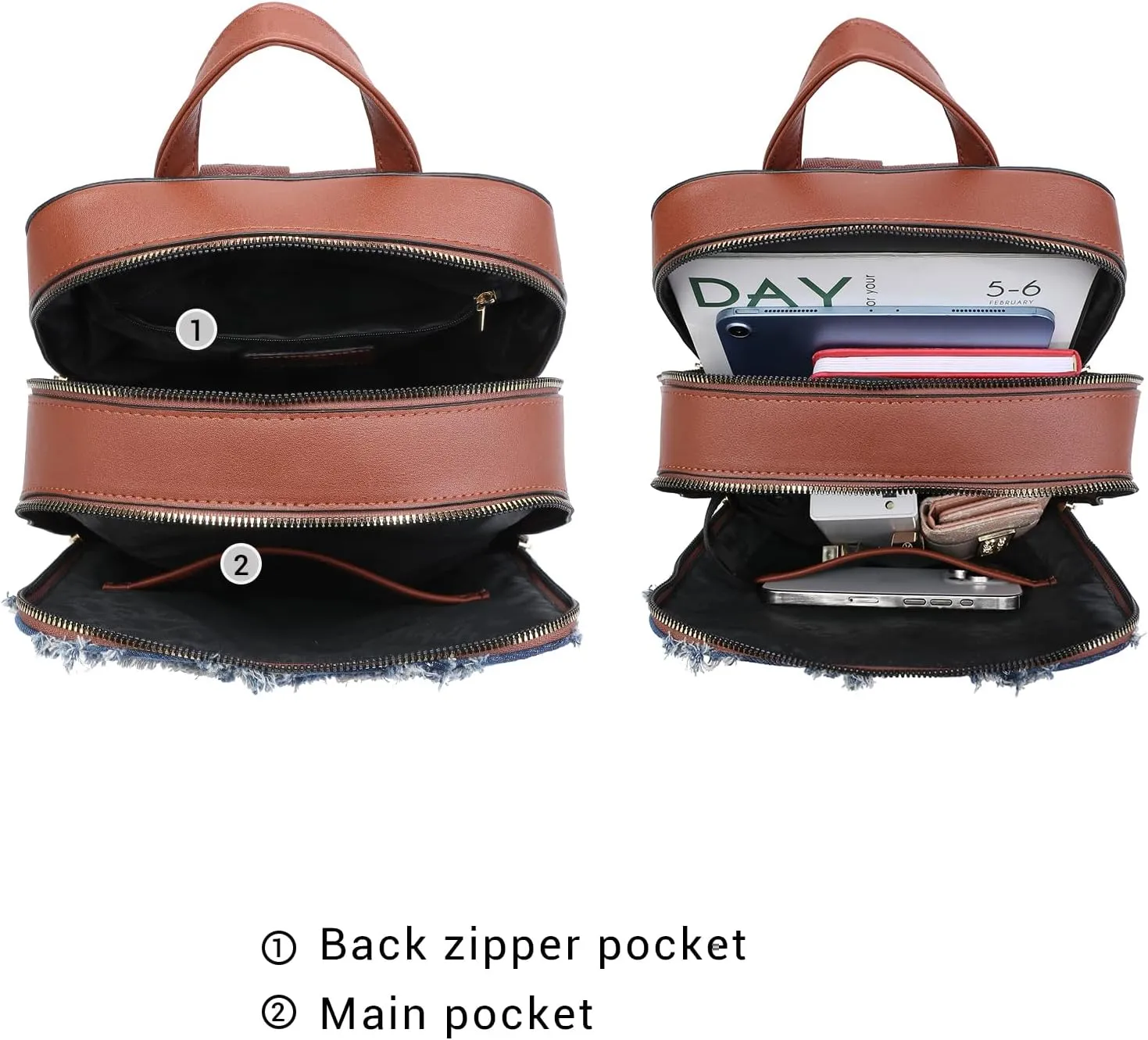 MKP Women Fashion Double Zipper Medium Backpack Purse PU Leather Ladies Travel Shoulder Bag Set 2Pcs