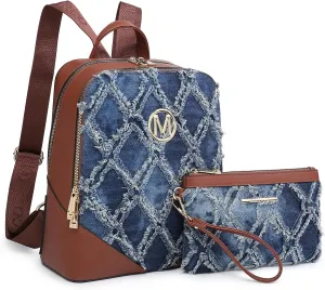 MKP Women Fashion Double Zipper Medium Backpack Purse PU Leather Ladies Travel Shoulder Bag Set 2Pcs