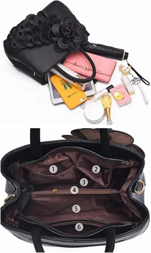 Mn&Sue Ladies Top Handle Satchel 3D Flower Women Elegant Handbags Pu Leather Crossbody Tote Purse