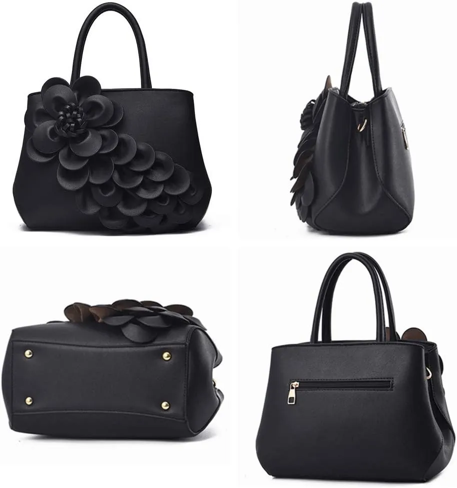Mn&Sue Ladies Top Handle Satchel 3D Flower Women Elegant Handbags Pu Leather Crossbody Tote Purse