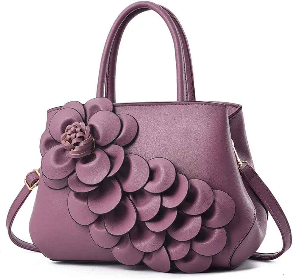 Mn&Sue Ladies Top Handle Satchel 3D Flower Women Elegant Handbags Pu Leather Crossbody Tote Purse