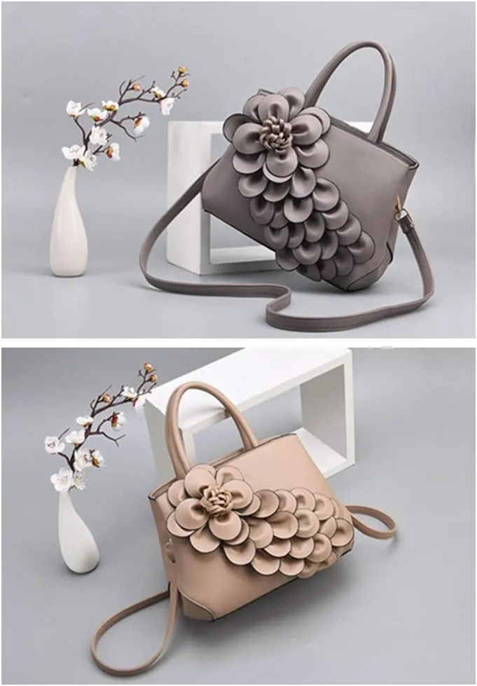 Mn&Sue Ladies Top Handle Satchel 3D Flower Women Elegant Handbags Pu Leather Crossbody Tote Purse