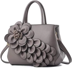 Mn&Sue Ladies Top Handle Satchel 3D Flower Women Elegant Handbags Pu Leather Crossbody Tote Purse