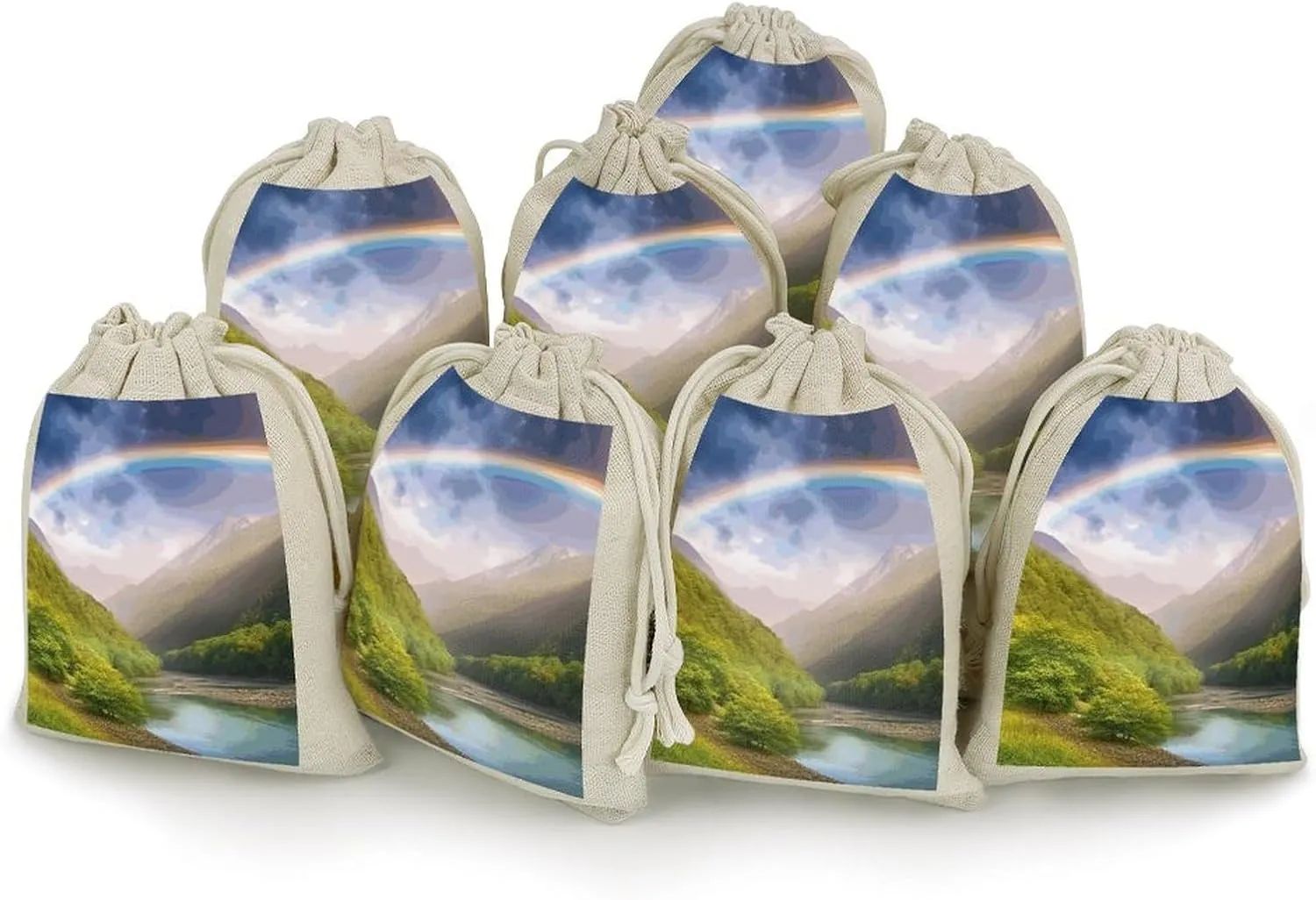 MNVTSKOP Muslin Bags Small Drawstring Bag Mountain Valley with Rainbow Muslin Sachet Bags Drawstring Jewelry Pouches Reusable Gift Bag Cloth Pouch for Wedding Party Favor Jewelry DIY Crafts 8pcs