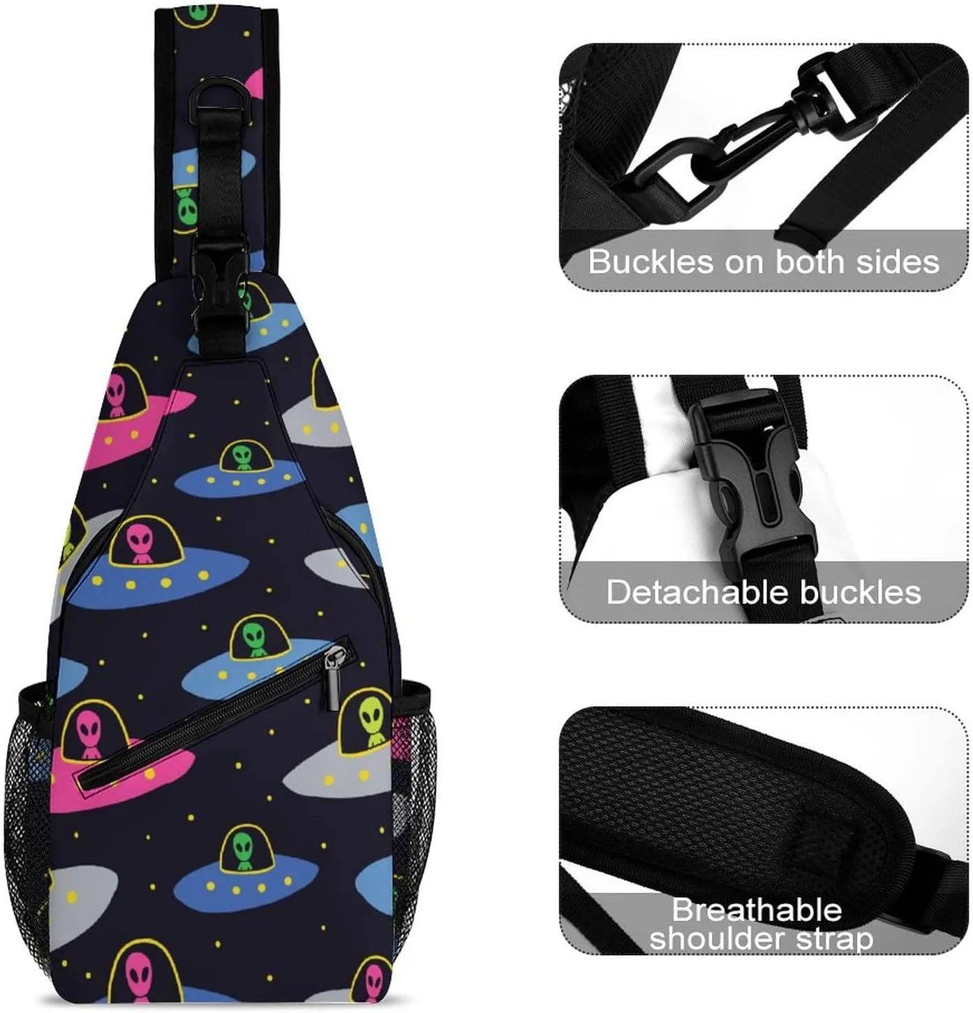 MoBlinko Sling Bag Cartoon Cosmos Alien Spaceships Women Men Crossbody Bag Adjustable Sling Backpack Chest Bag for Hiking