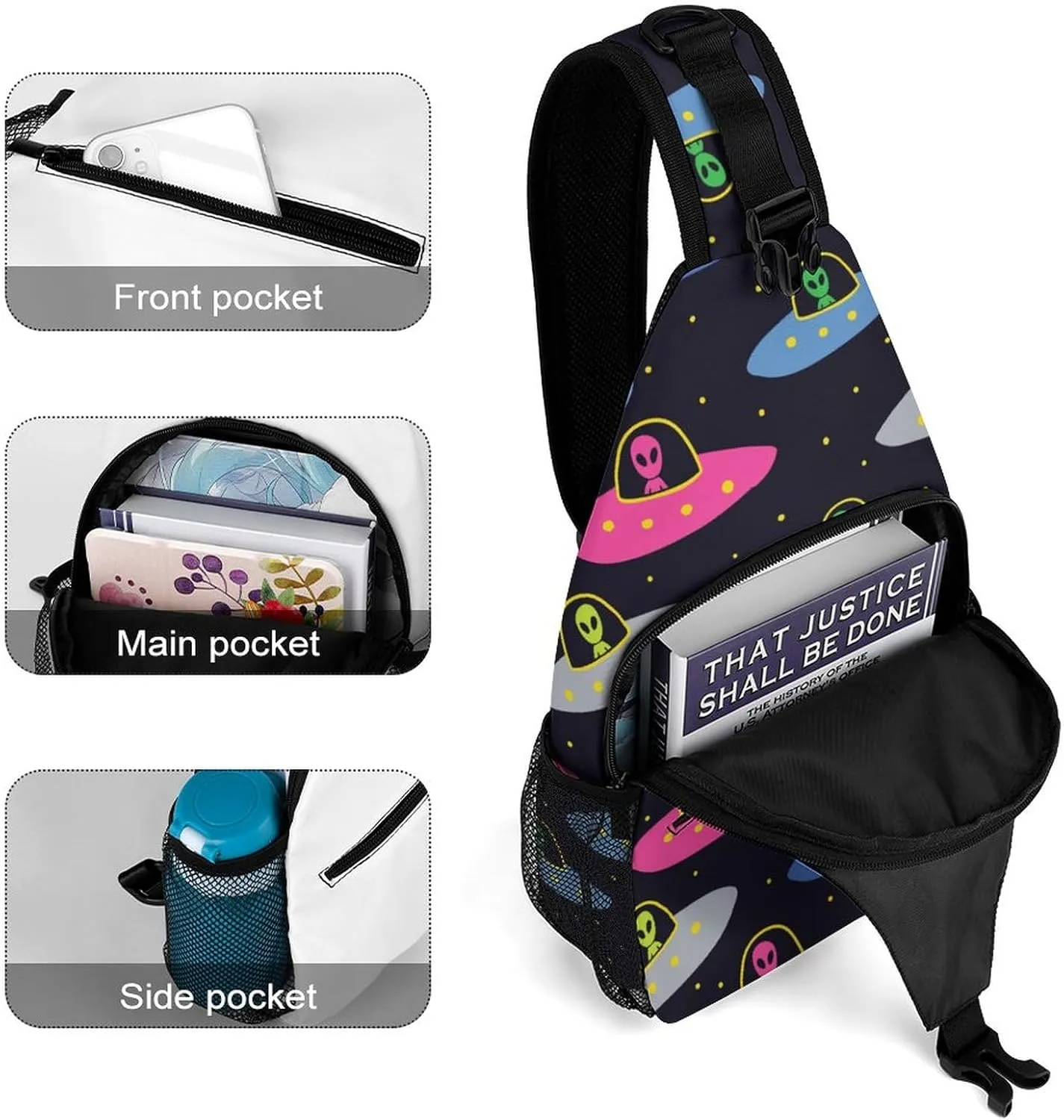 MoBlinko Sling Bag Cartoon Cosmos Alien Spaceships Women Men Crossbody Bag Adjustable Sling Backpack Chest Bag for Hiking