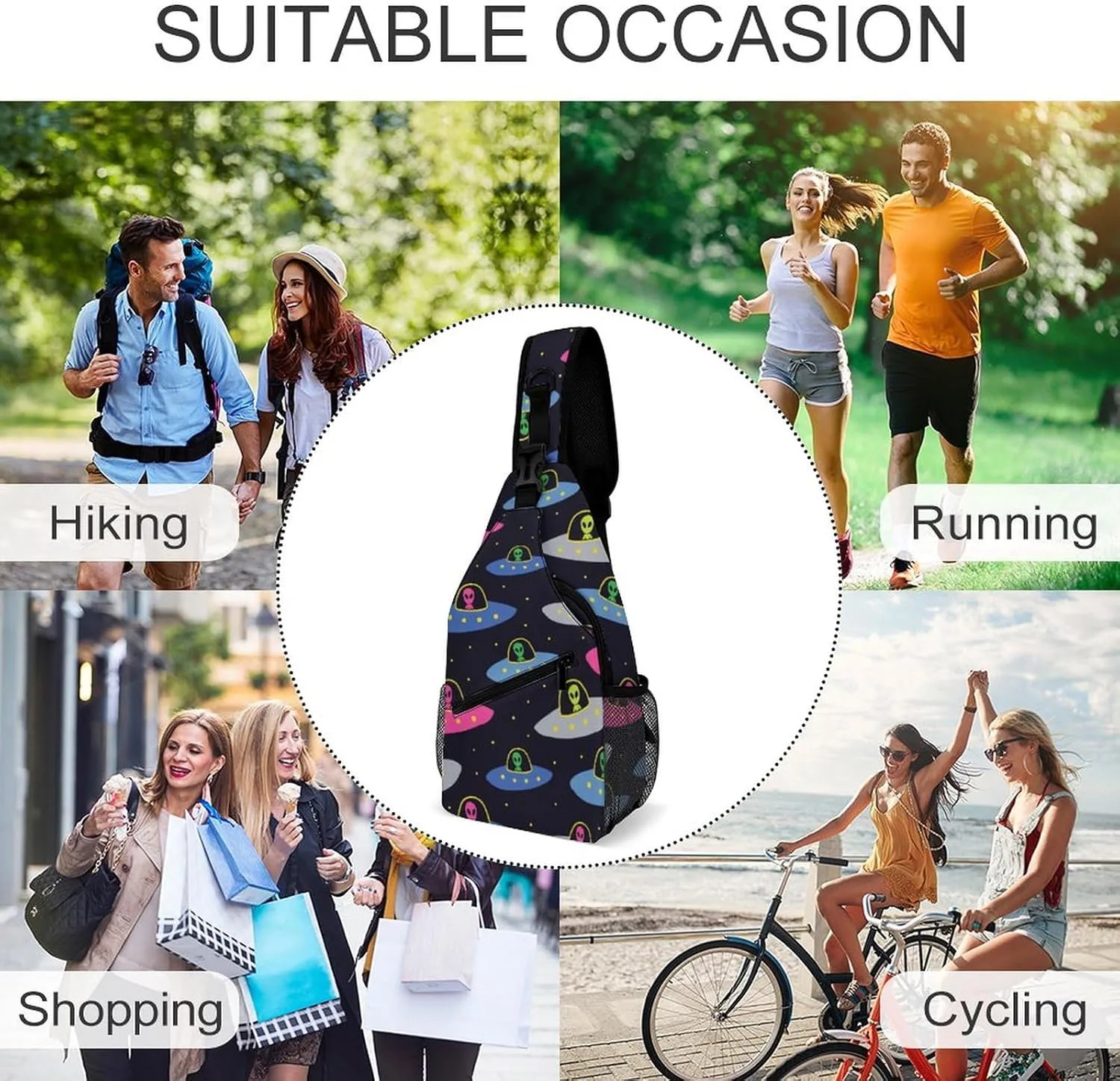 MoBlinko Sling Bag Cartoon Cosmos Alien Spaceships Women Men Crossbody Bag Adjustable Sling Backpack Chest Bag for Hiking