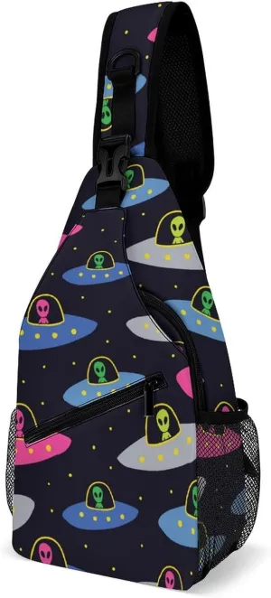 MoBlinko Sling Bag Cartoon Cosmos Alien Spaceships Women Men Crossbody Bag Adjustable Sling Backpack Chest Bag for Hiking
