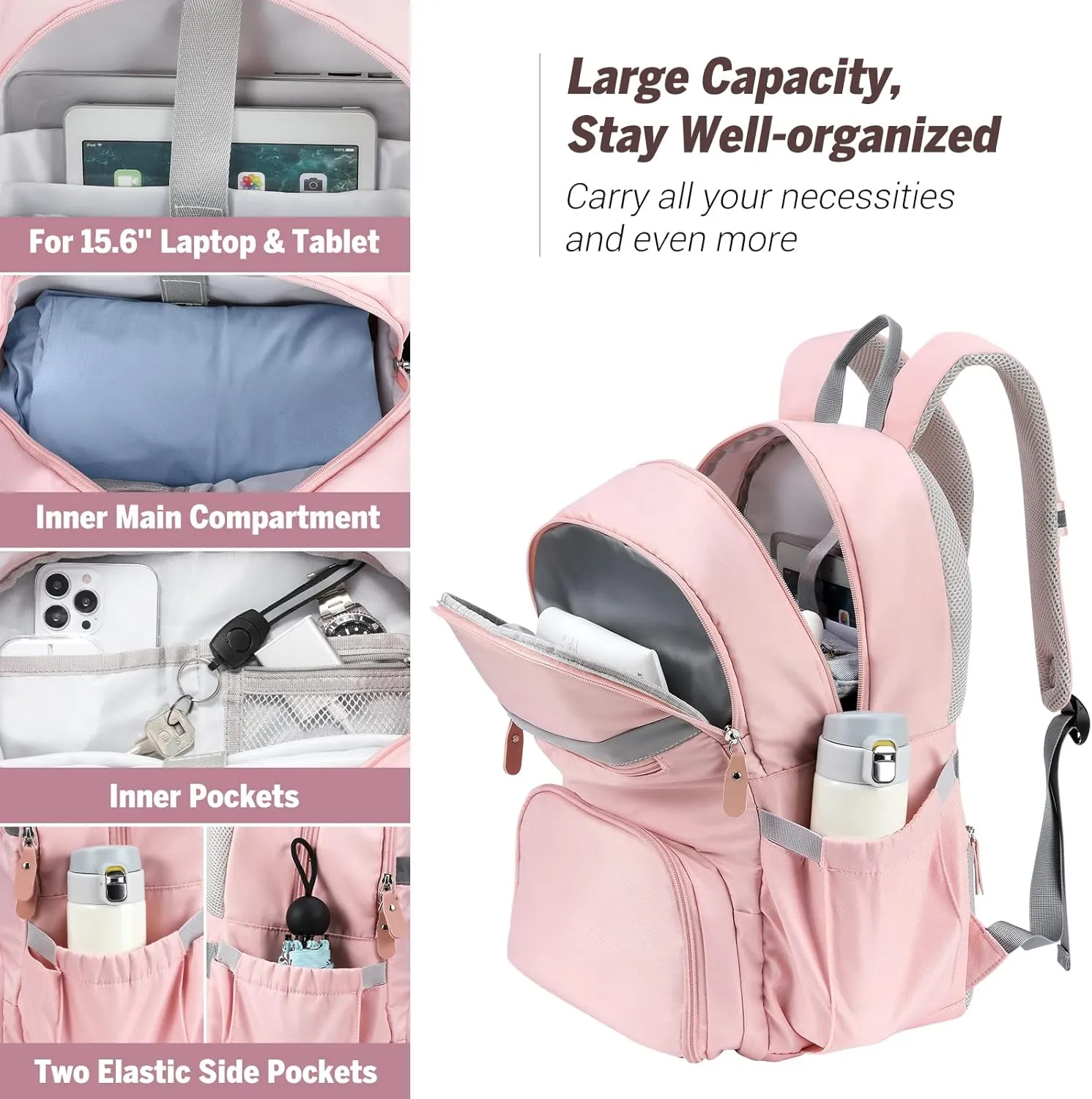 MoKo Womens Gym Backpack, Large Travel Backpack with Shoe Compartment Sports Bag with Wet Pockets 15.6 Inch Laptop Backpack Water Resistant Anti Theft Back Pack for Women Gifts, Pink