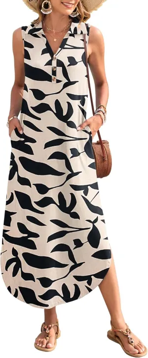 MOLERANI Women's Casual V Neck Maxi Dress Summer Long Sleeveless Sundress with Button 2025 Loose Fit Pockets