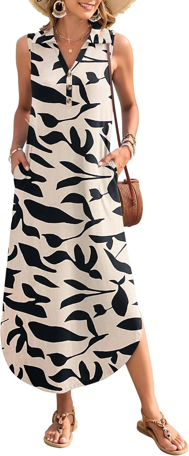 MOLERANI Women's Casual V Neck Maxi Dress Summer Long Sleeveless Sundress with Button 2025 Loose Fit Pockets
